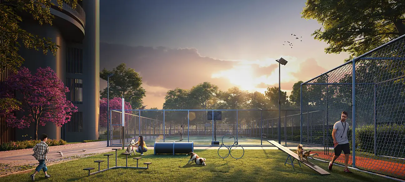 Pet area and children's play lawn beside the sports courts at Great Value Ekanam