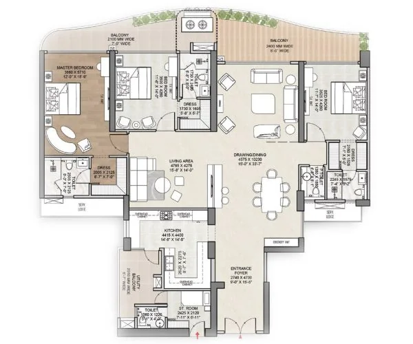 Great Value Ekanam 3 BHK floor plan, 3,525 sq.ft. super area, 2,090 sq.ft. carpet area, Sector 107 Noida
