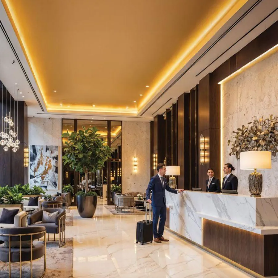 Hotel-style lobby with reception desk (representative stock image, as used in the Ekanam brochure)